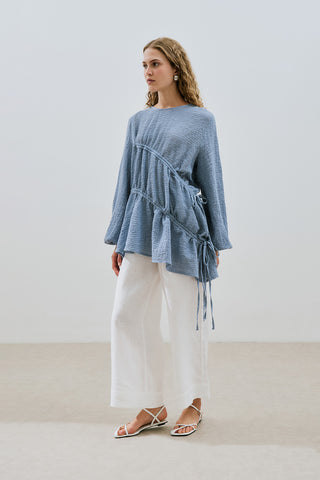 Ruched Tie Textured Tunic Blue