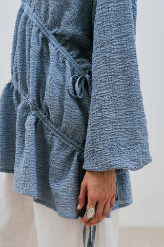 Ruched Tie Textured Tunic Blue