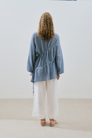 Ruched Tie Textured Tunic Blue