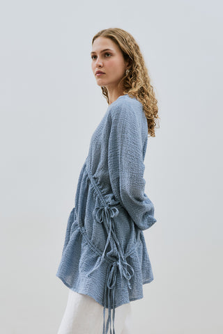 Ruched Tie Textured Tunic Blue