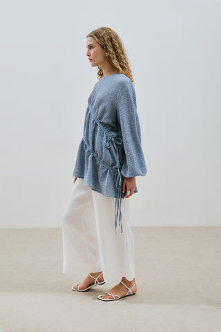 Ruched Tie Textured Tunic Blue