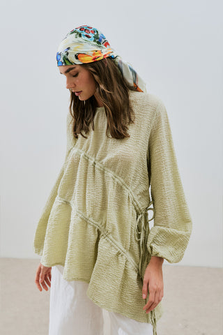 Ruched Tie Textured Tunic Green