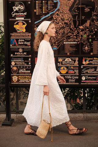 Embroidered Wide Sleeve Dress Ecru