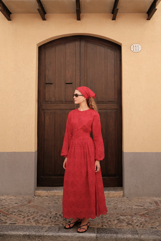 Broderie Button Dress Red