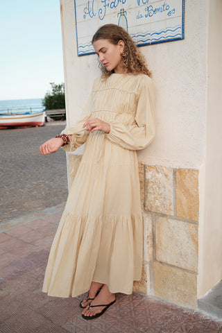 Ruched Tie Long Sleeve Dress Pastel Yellow