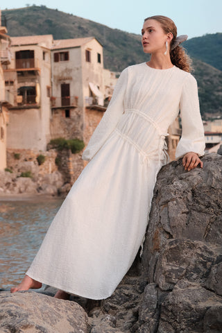 Ruched Tie Textured Dress Ecru
