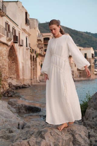 Ruched Tie Textured Dress Ecru