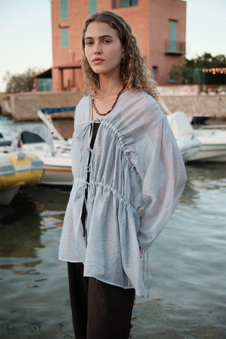 Ruched Tie Blouse Blue