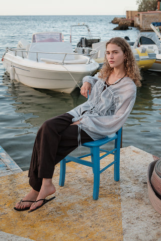 Ruched Tie Blouse Blue