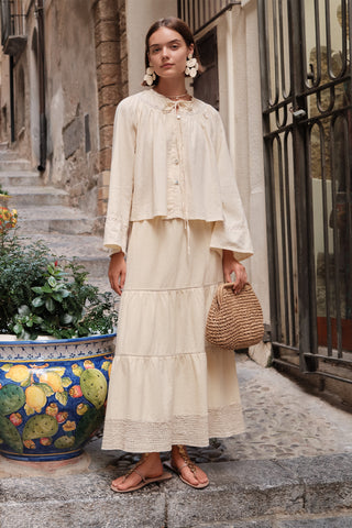 Embroidered Tiered Maxi Skirt Yellow