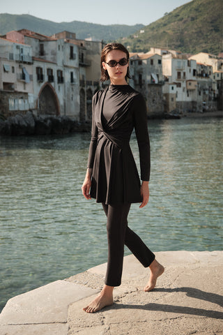 DÜĞÜM DETAYLI TESETTÜR MAYO KAHVERENGİ