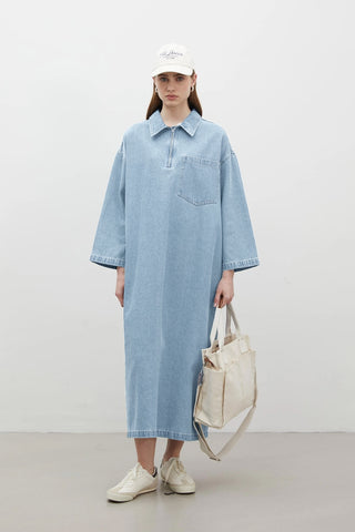 Collar Detail Denim Dress Ice Blue