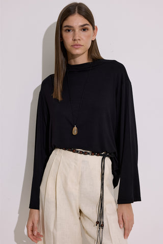 Draped Long-Sleeve Blouse Black