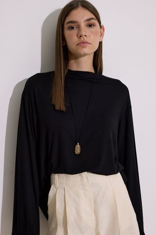 Draped Long-Sleeve Blouse Black