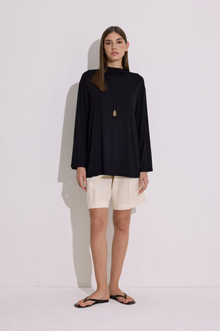 Draped Long-Sleeve Blouse Black