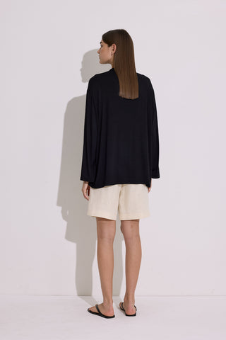 Draped Long-Sleeve Blouse Black