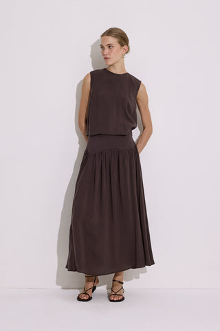 Modal Ruched Maxi Skirt Dark Brown