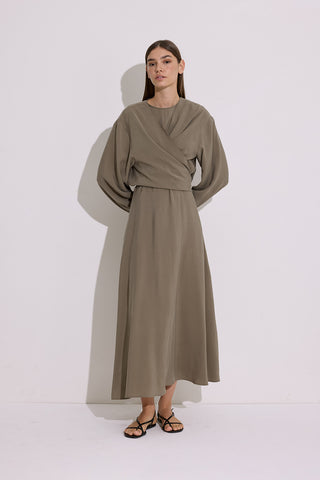 Modal Long Sleeve Wrap Dress Khaki