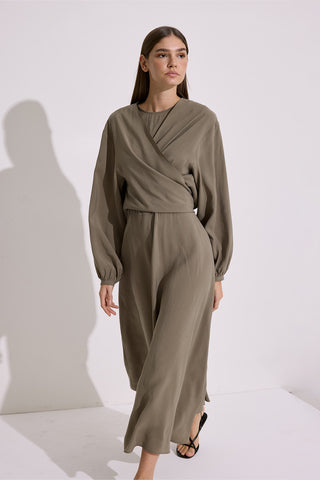 Modal Long Sleeve Wrap Dress Khaki