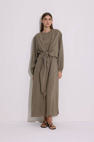 Modal Long Sleeve Wrap Dress Khaki