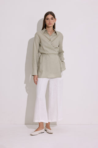 Linen Tie Detail Shirt Green