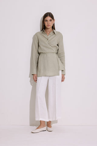 Linen Tie Detail Shirt Green