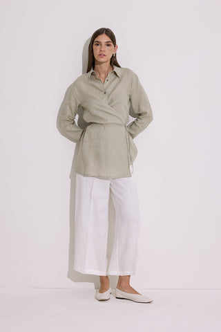 Linen Tie Detail Shirt Green