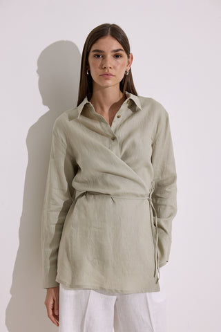 Linen Tie Detail Shirt Green