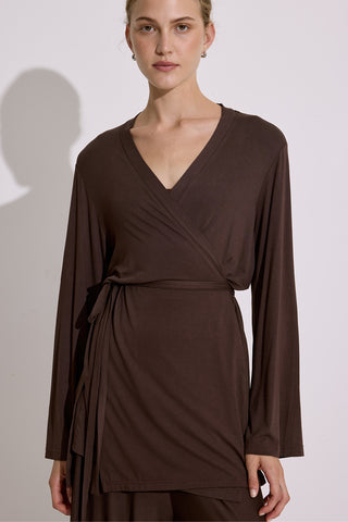 Tie Front Draped Kimono Brown