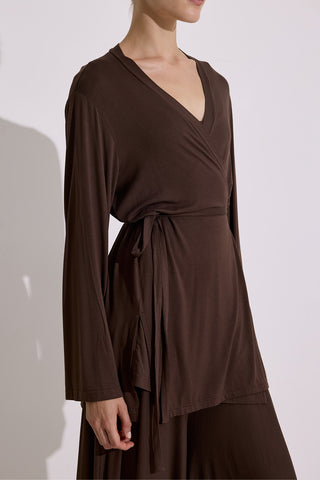 Tie Front Draped Kimono Brown