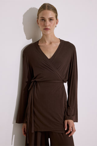 Tie Front Draped Kimono Brown