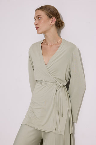 Tie Front Draped Kimono Pastel Green