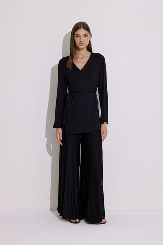 Tie Front Draped Kimono Black