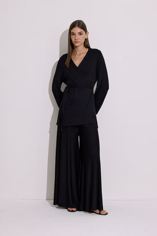 Tie Front Draped Kimono Black