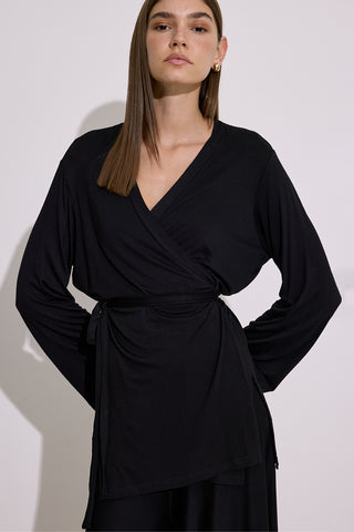 Tie Front Draped Kimono Black