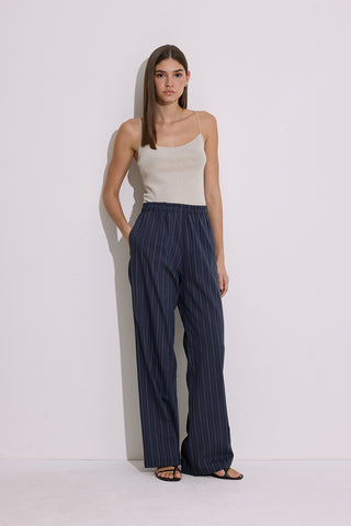 Striped Elastic Waist Trousers Navy Blue