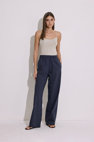 Striped Elastic Waist Trousers Navy Blue