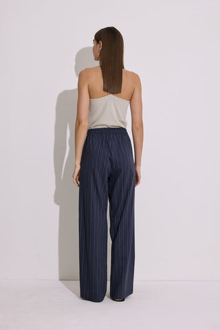 Striped Elastic Waist Trousers Navy Blue