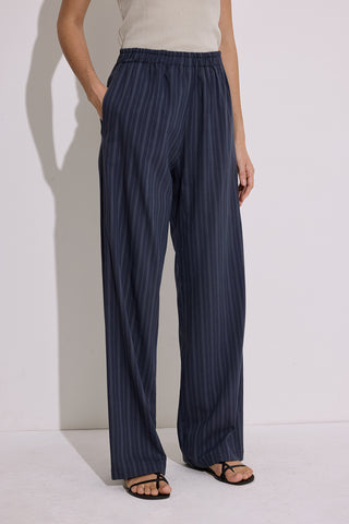 Striped Elastic Waist Trousers Navy Blue