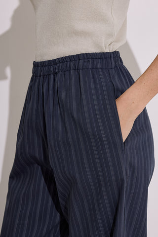Striped Elastic Waist Trousers Navy Blue