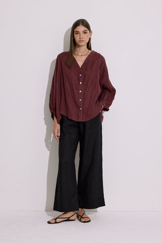 Crushed Linen Button Blouse Maroon