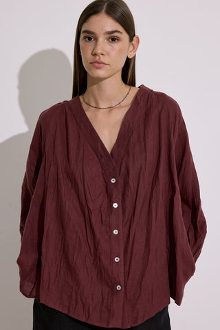 Crushed Linen Button Blouse Maroon