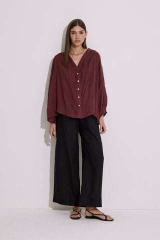 Crushed Linen Button Blouse Maroon