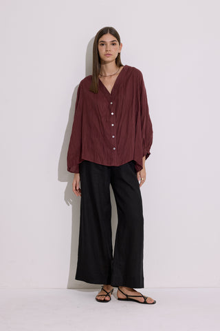 Crushed Linen Button Blouse Maroon