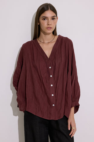 Crushed Linen Button Blouse Maroon