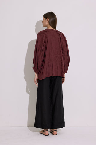 Crushed Linen Button Blouse Maroon
