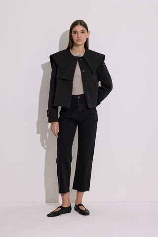 Wide Collar Cropped Trench Coat Black