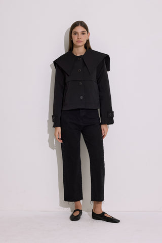 Wide Collar Cropped Trench Coat Black