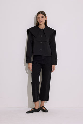 Wide Collar Cropped Trench Coat Black