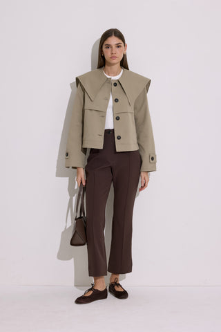 Wide Collar Short Trench Coat Green